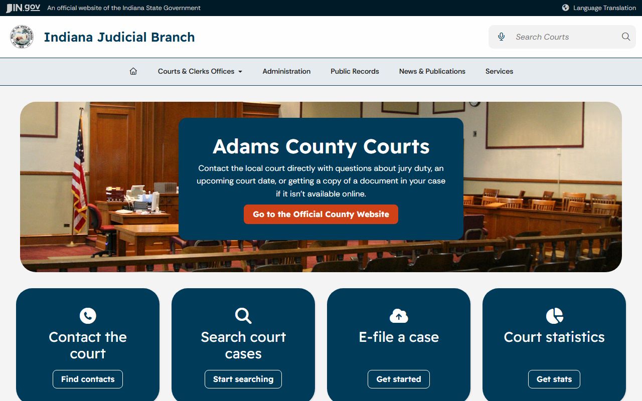Adams County court records Indiana Judicial Branch local court page