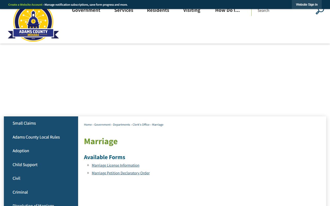 Adams County marriage records and marriage forms page