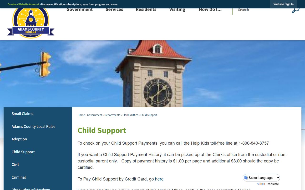 Adams County child support records and payment history page
