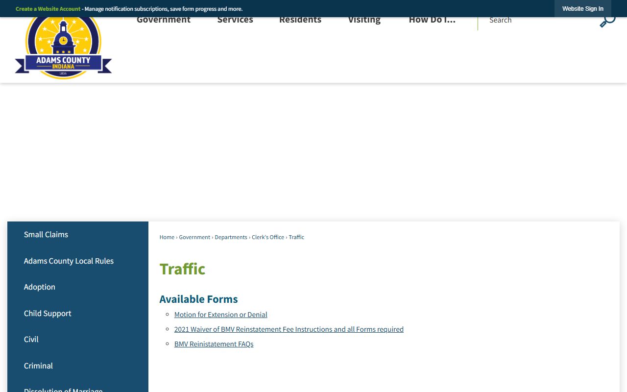 Adams County traffic forms page for traffic court records